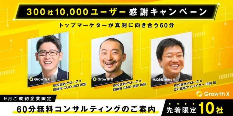 【300社・10,000ユーザー感謝キャンペーン】山口・西井・田岡による60分無料コンサルティング実施